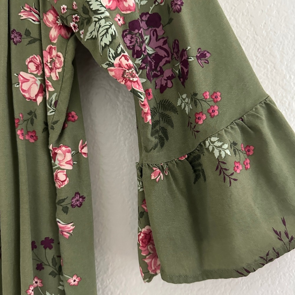 Terra & Sky Peasant Top Womens 1X Olive Green Floral Ruffle Bell Sleeve Boho - Picture 7 of 11
